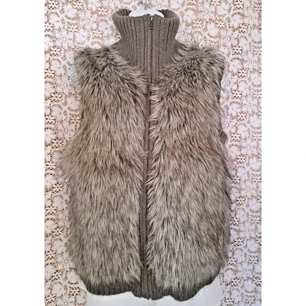 Justice Junior Sz 18 Girls Faux Fur Vest Greenish Brown Full Zip Metallic Thread